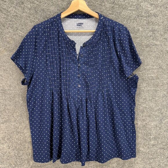 Lands' End Blouse Women XL Blue Polka Dot 1/2 Button Short Sleeve Cotton Casual - Picture 1 of 7